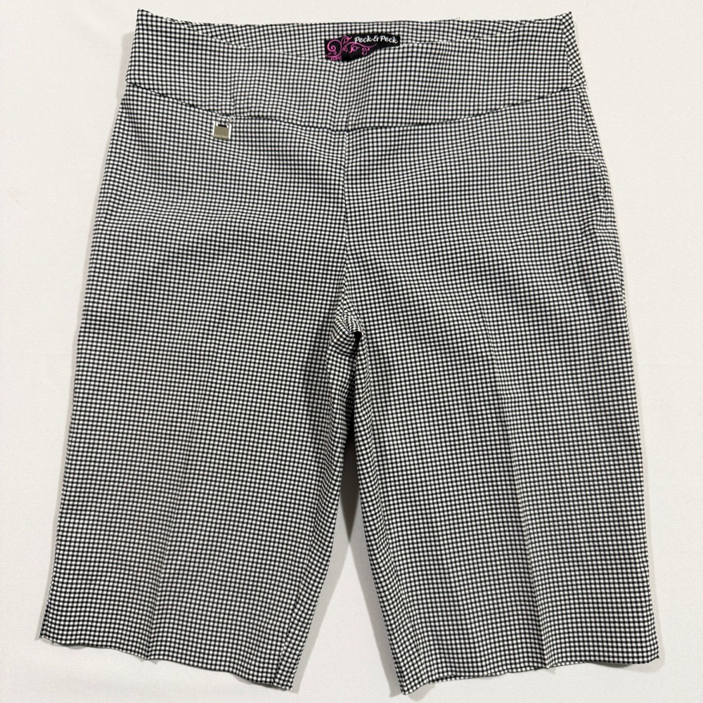 Peck & Peck Gingham Shorts Women's 12 Black White Plaid Bermuda Stretch Pull On